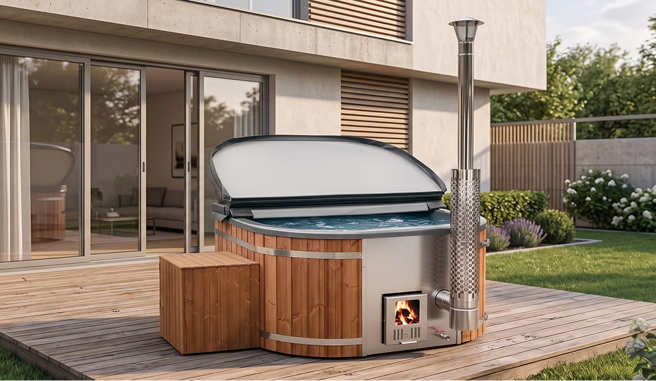 Square hot tub with wooden exterior and metal accents on a patio area.