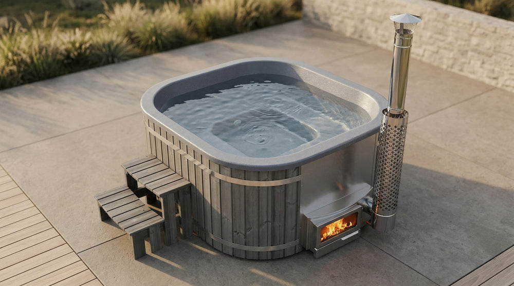 Grey sqaure hot tub with grey insert and Horizon wood burning stove on a patio